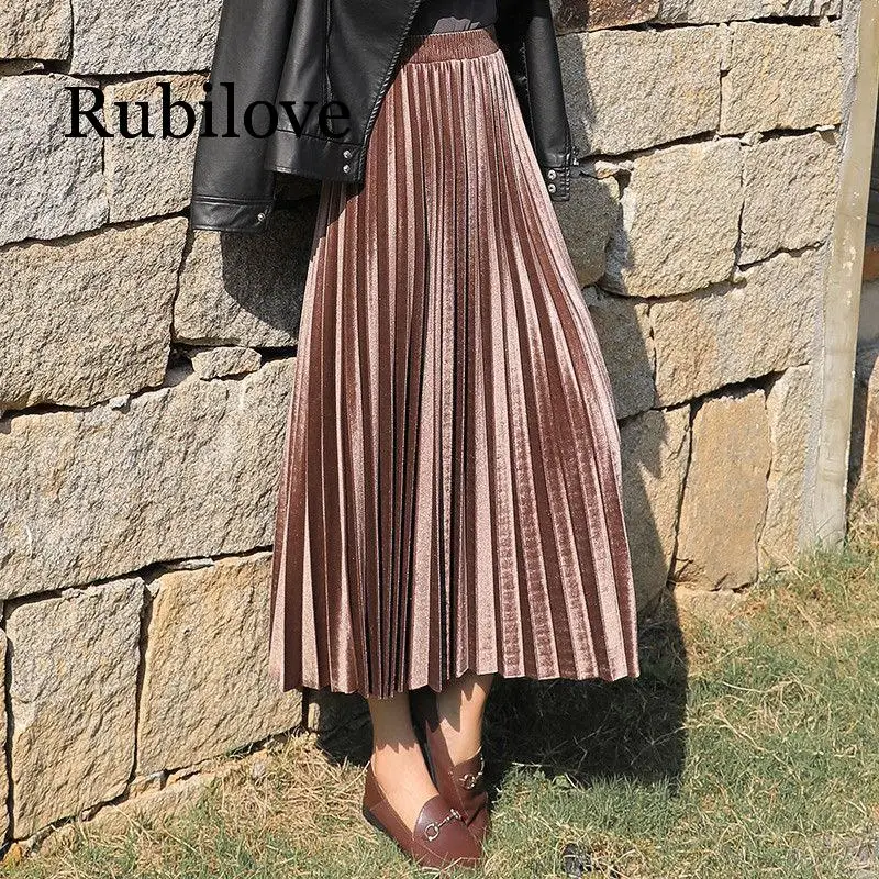 Rubilove autumn and winter new Korean gold velvet pleated skirt in the long paragraph female