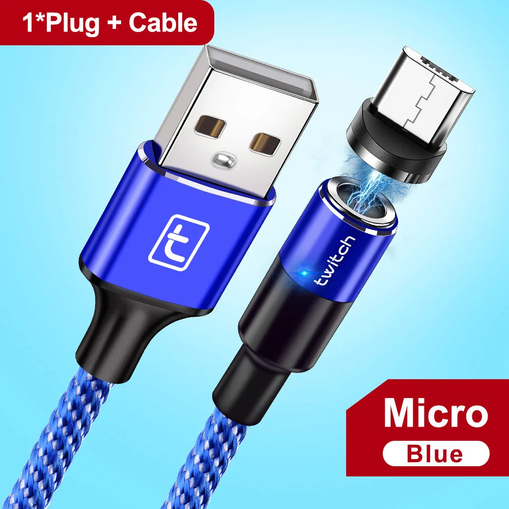 Blue Micro Cable Магнитный кабель Twitch Micro usb type C, супер быстрое зарядное устройство, USB C светодиодный кабель для iPhone, samsung, Xiaomi, Android, кабель Microusb - Цвет: Blue Micro Cable
