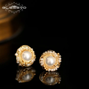 

GLSEEVO Natural Freshwater Pearl Handmade korean Stud Earrings For Women Wedding Gift Fashion Charm Luxury Jewellery GE0883