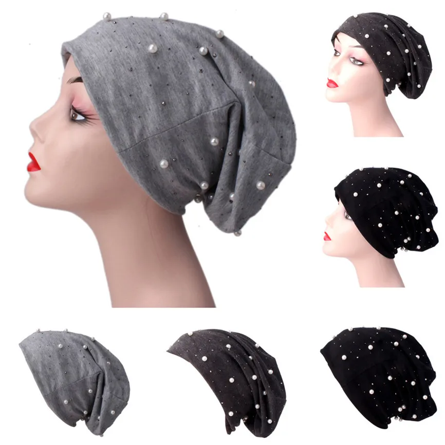 

New Hats 1PC Women Hat Beading Pearl Inlay Hat Ruffle Cancer Chemo Beanie Scarf Turban Wrap Cap Hats 2019