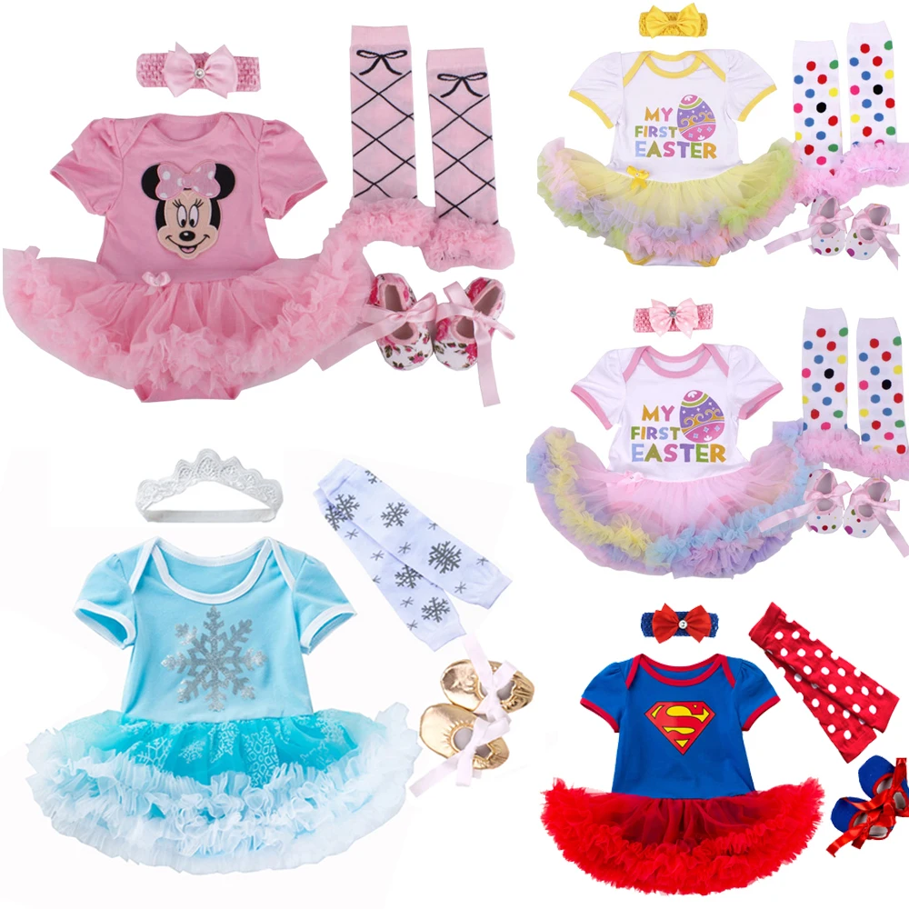  4pcs/set Easter Elsa Baby Girls Clothes jumpersuit+socks+band+shoes New Year Bebe Gift First Romper