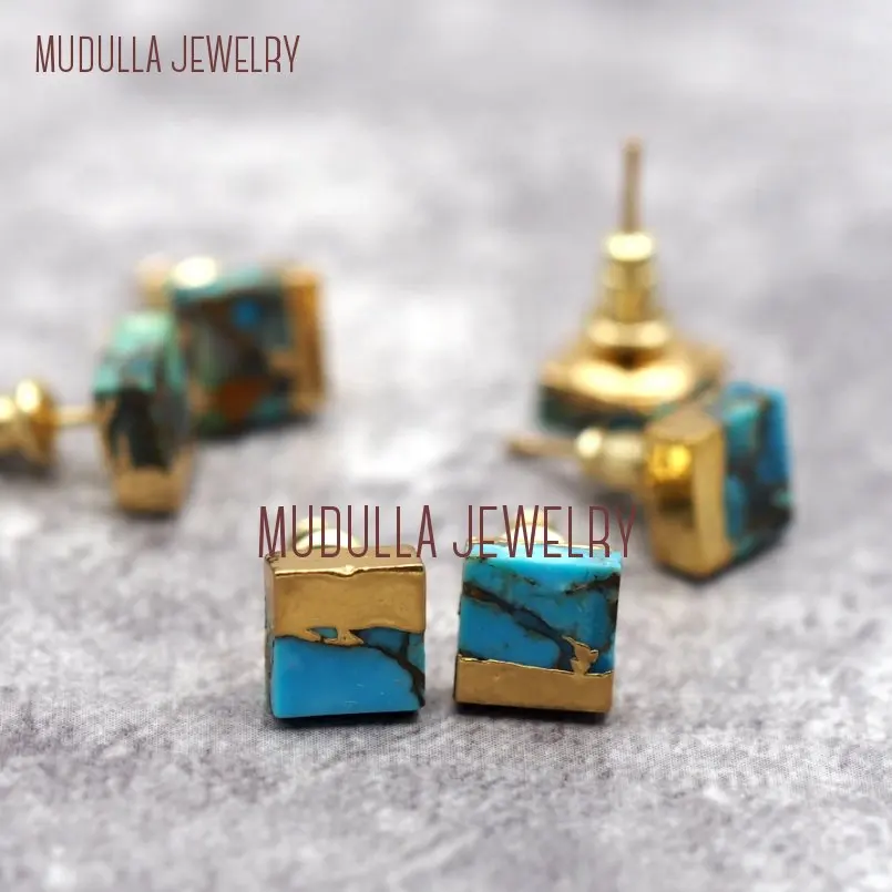 Квадратные мозаичные бирюзовые серьги-гвоздики, бирюзовые ювелирные изделия, необработанные серьги-гвоздики с драгоценными камнями, золотые повседневные серьги, золотые серьги-гвоздики ER27818