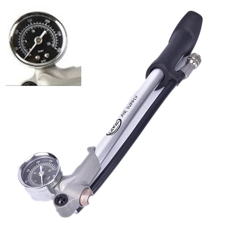 300PSI Air Supply Inflator Bicycle Pump To Inflate Fork Shock Fits Schrader With psi/bar Gauge Bleeder Foldable Hose