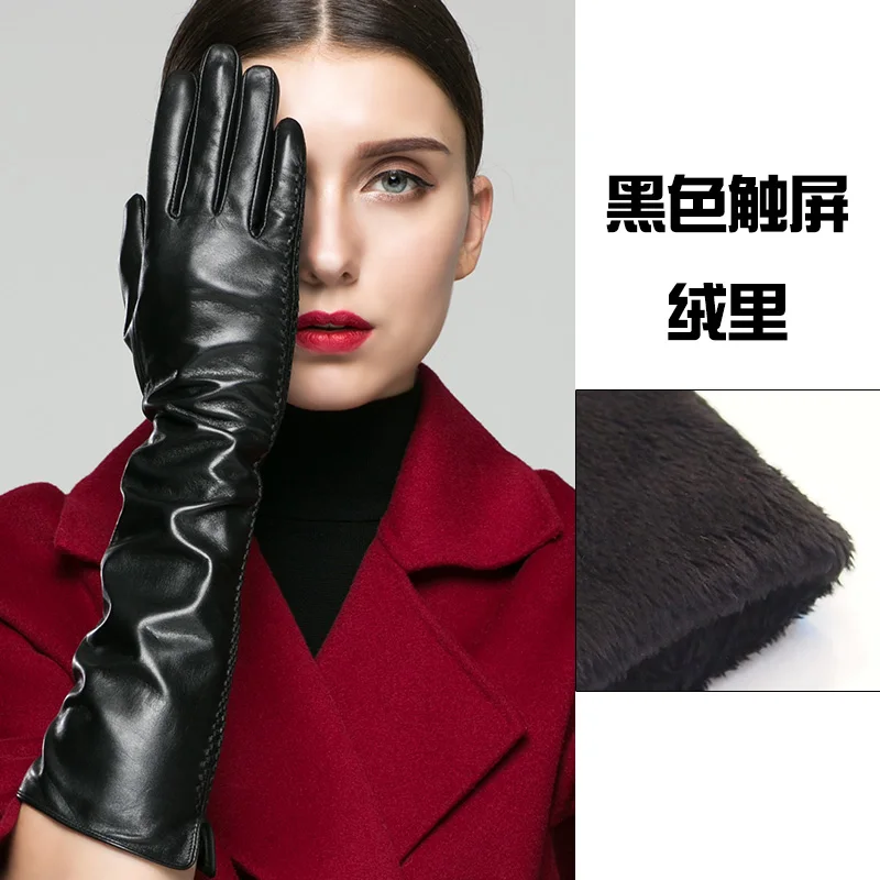 black thicken style Настоящие кожаные женские перчатки длинный стиль сенсорный экран высокого качества козья кожа Зима утолщаются 40 см модные черные женские перчатки K22-45 - Цвет: black thicken style