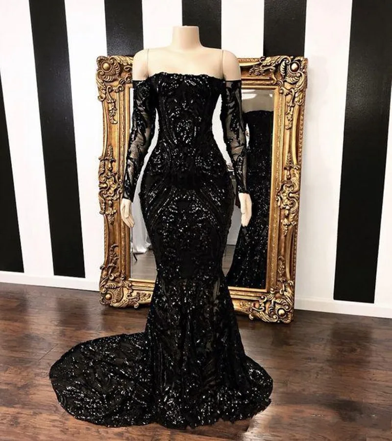 black off the shoulder mermaid prom dress