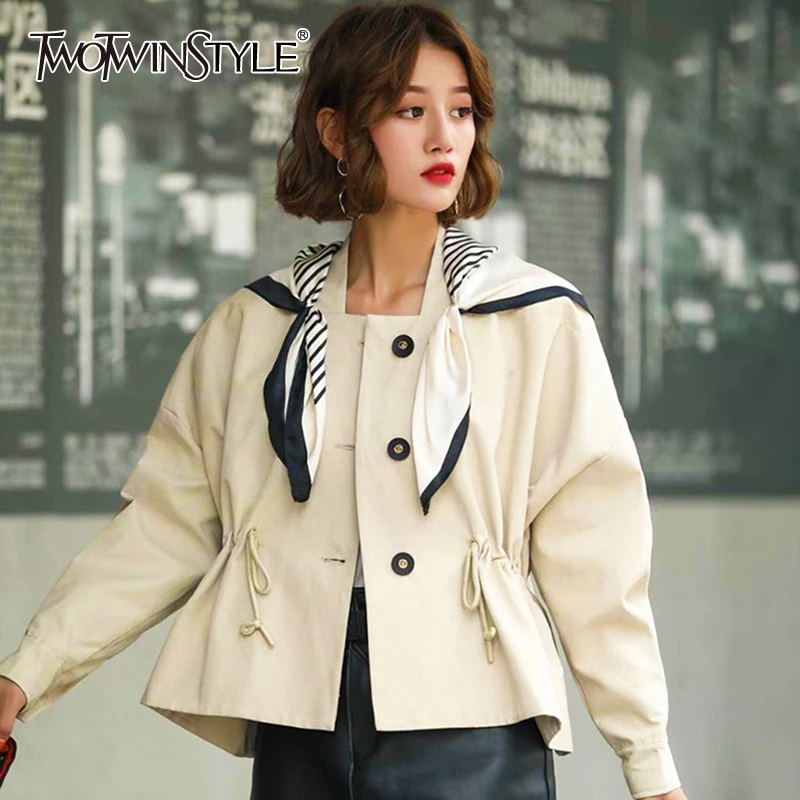 

TWOTWINSTYLE Hit Color Patchwork Women's Coats Irregular Collar Single Breasted Long Sleeve Female Coat 2019 Autumn Fashion New