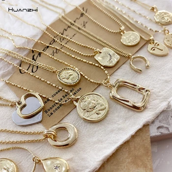 

HUANZHI 2020 New Trend Geometric Square Round Love Bear Metal Chain Necklace Gold Color for Women Girls Party Jewelry