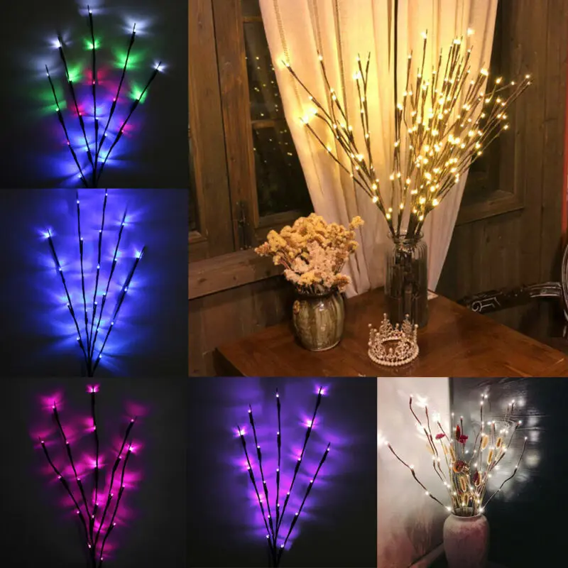 20 лампочек, светодиодный светильник с ивовой веткой, на батарейках, высокая ваза, естественное наполнение, ивовая ветка с подсветкой для домашнего декора