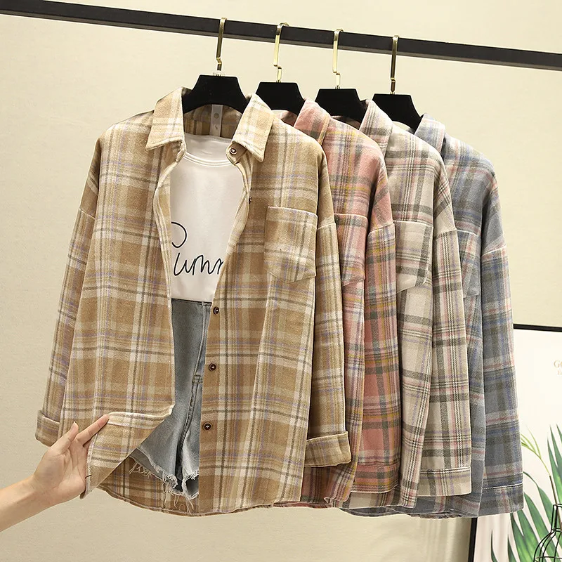 

Plaid Women Blouses Shirts Tunic Womens Tops 2020 Womenswear Long Sleeve Clothing Button Up Down Outwear Woolen Loose Designer