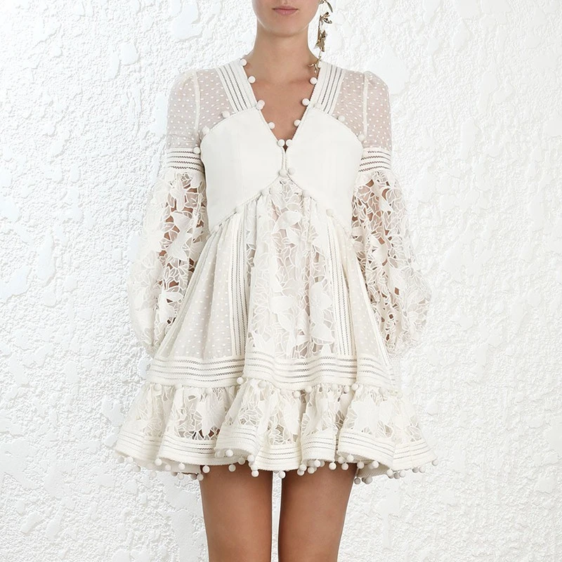 

Luxury Brand 2019 Summer White Women Dress Lace Mesh Hollow Out Perspective Sexy Party Dress Vestidos V-neck Lady Mini Dress