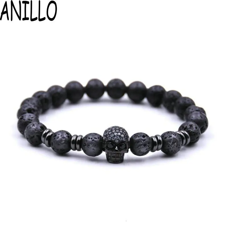 ANILLO, мужской браслет со скелетом, натуральный бисер, браслет, микро проложенный, золотой, серебряный цвет, CZ, 8 мм, бусины для женщин, череп, ювелирное изделие