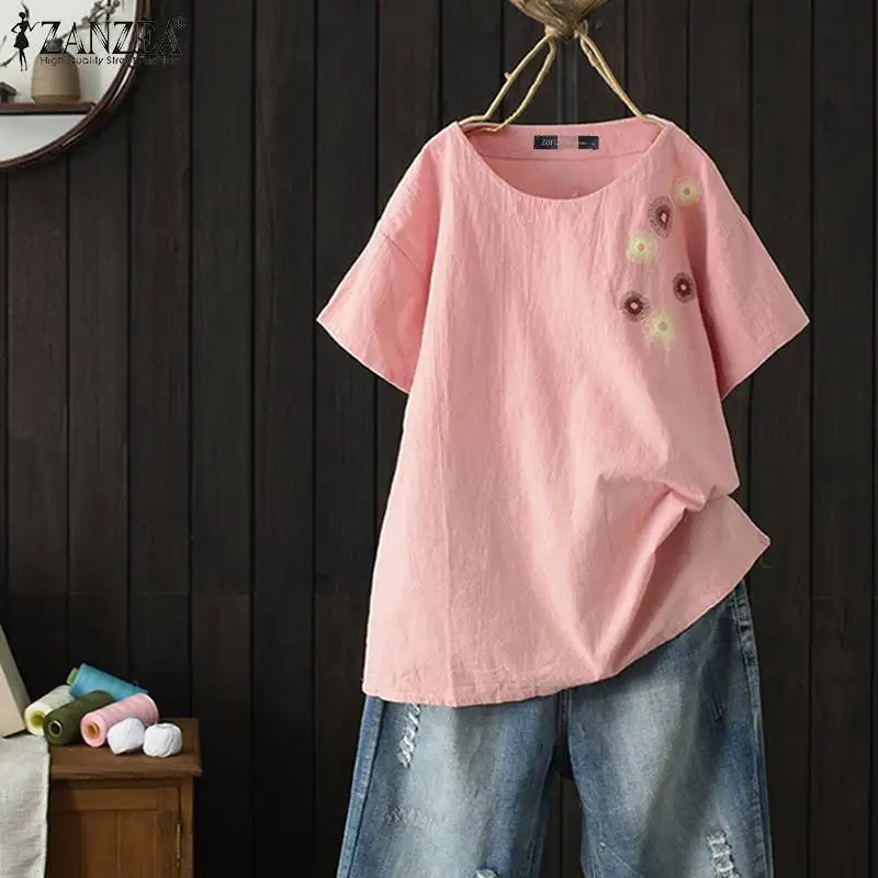 

2019 ZANZEA Vintage Women's Embroidery Blouse Summer Short Sleeve Blusas Cotton Linen Tops Basic Shirt Tunic Solid Tee Plus Size