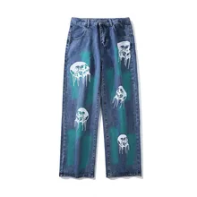 Pantalones vaqueros con estampado de calavera para hombres y mujeres, Jeans rectos de Hip Hop, Retro, lavados, ropa gótica para adolescentes, Travis Scott, 2021