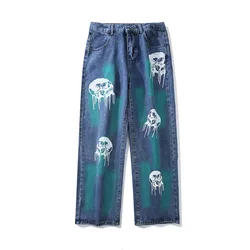 Pantalones vaqueros con estampado de calavera para hombres y mujeres, Jeans rectos de Hip Hop, Retro, lavados, ropa gótica para adolescentes, Travis Scott, 2021