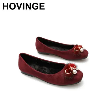 

HOVINGE Ladies Shearling shoes Rabbit Hair Square toe Flats heel Crystal Bow new arrivals Winter loafers