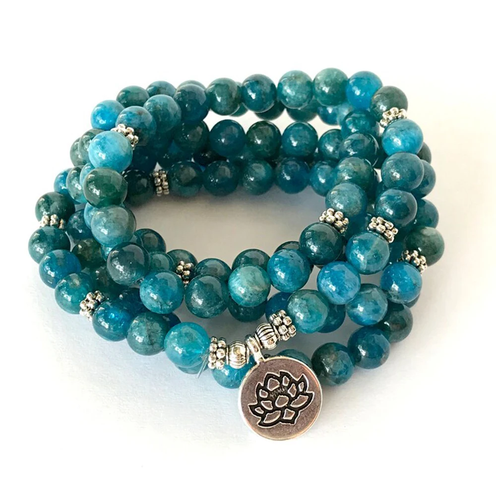 

Новый дизайн MG1363, апатит класса AAA, синий браслет 108 Mala, Очаровательное ожерелье с лотосом, женское религиозное равновесие Mala Beads, ювелирные изделия