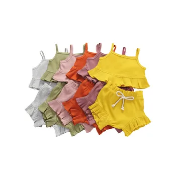 

2020 Baby Summer Clothing Newborn Kid Baby Boys Girls Clothes Sleeveless Ruffles Tops Shorts Toddler Ribbed Knitted Outfits Sets