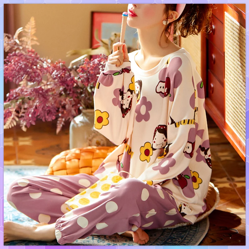 Cotton Pajamas For Women Sleep Lounge Long Sleeved Woman Pajama Set Cartoon  Sleepwear Famille Home Clothes Trouser Suits Spring