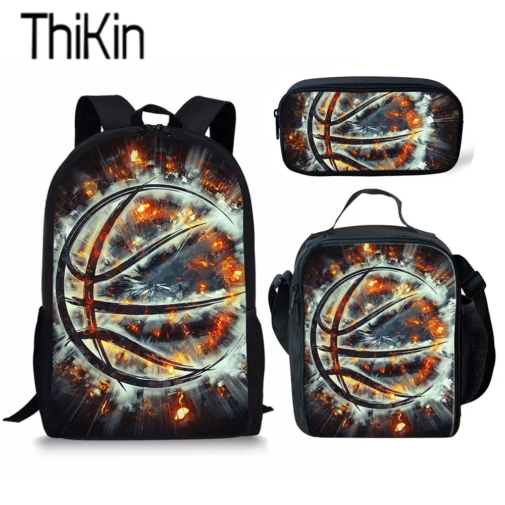 THIKIN 3Pcs/Sets Primary School Bag 3D Fire Basketball Design Backpack for Teen Boy Kids Children Book with Lunch | Багаж и сумки