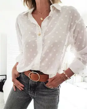 

Fashion Women Blouse Tops Elegant Long Sleeve White OL Shirt Ladies Polka Dot Sheer Female Streetwear Plus Size