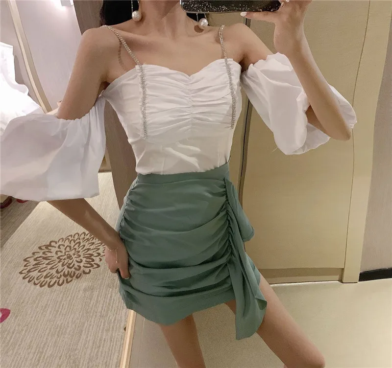 

Women Summer 2PC Outfits Dress Sets Puff Sleeve Sexy Slash Neck Shirt&High Waist Ruffled Mini Skirt Sets Fashion Two Piece Suits