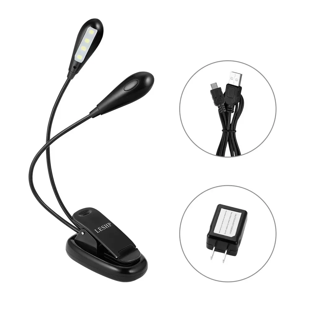 ICOCO LESHP 8LED книжный светильник с двойным полюсом и зажимом на музыкальной подставке светильник перезаряжаемый Регулируемый с регулируемой яркостью на шее встроенный аккумулятор 1000 мАч