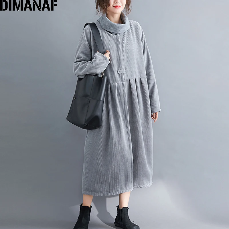 Yi96960CN-hui DIMANAF оверсайз осень зима Женская куртка пальто вельвет флис винтажная женская верхняя одежда свободный длинный рукав кардиган одежда - Цвет: Yi96960CN-hui