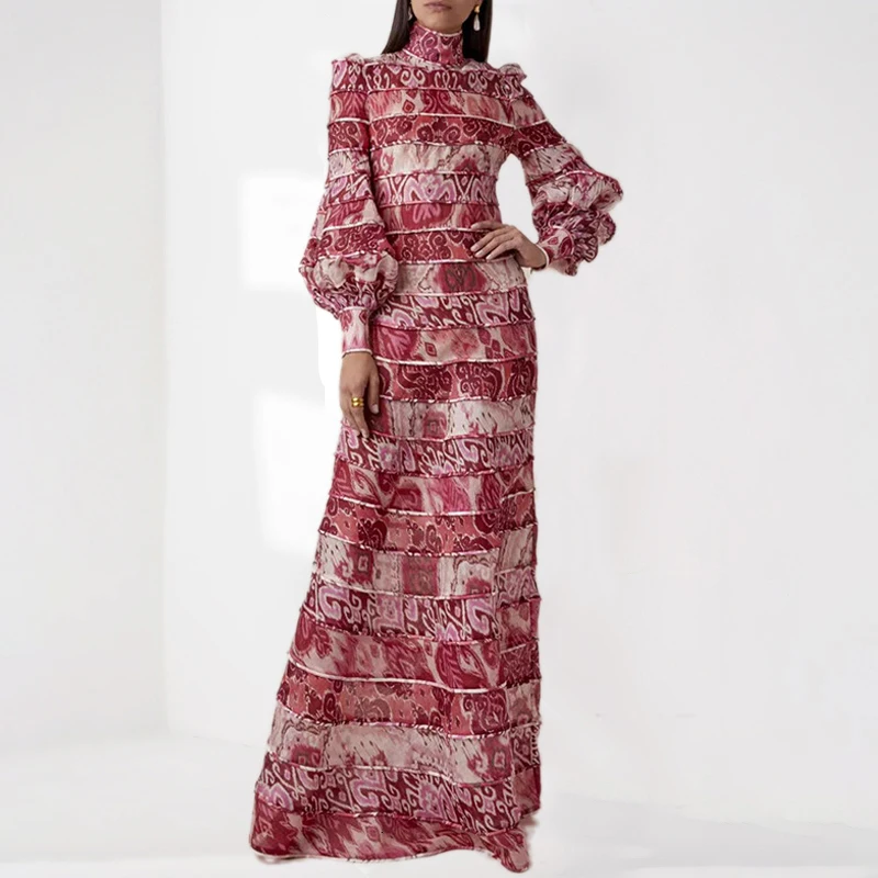 

VERDEJULIAY Runway Luxury Dress 2020 Spring Autumn New Fashion Designer Lantern Sleeve Flower Print Pearls Turtleneck Long Dress