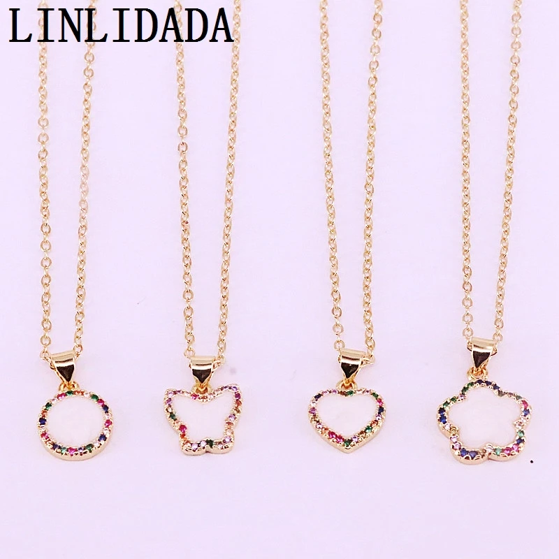 

10Pcs Multi CZ Zirconia Micro Paved Gold Color Heart/Butterfly/Round Shell Pendant Charms Necklaces For Women Jewelry