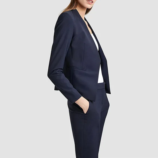 Top Quality Wool Grey/Blue/Black No Button Blazer Top+ Suit Pants- Ol Fall Blazer Pants Suit Set Women