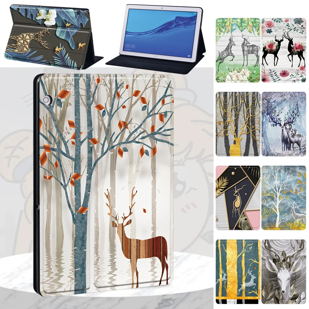 

Case For Huawei MediaPad M5 Lite 8/M5 Lite 10.1" 10.8"/T3 8.0" 9.6"/T5 10 Printed PU Leather Deer Stand Tablet Folio Cover