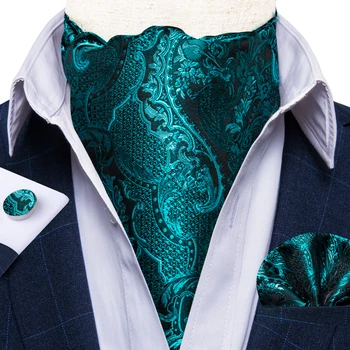 

Men Vintage Teal Green Wedding Formal Cravat Ascot Scrunch Self British Style Gentleman Floral Necktie Pocket Square Set DiBanGu