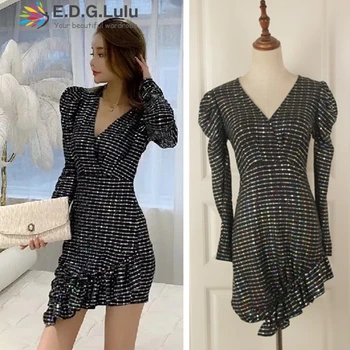 

EDGLuLu 2019 fall fashion women V-neck irregular flouncing package hip sequin dress chic sexy elegant vintage black mini drees