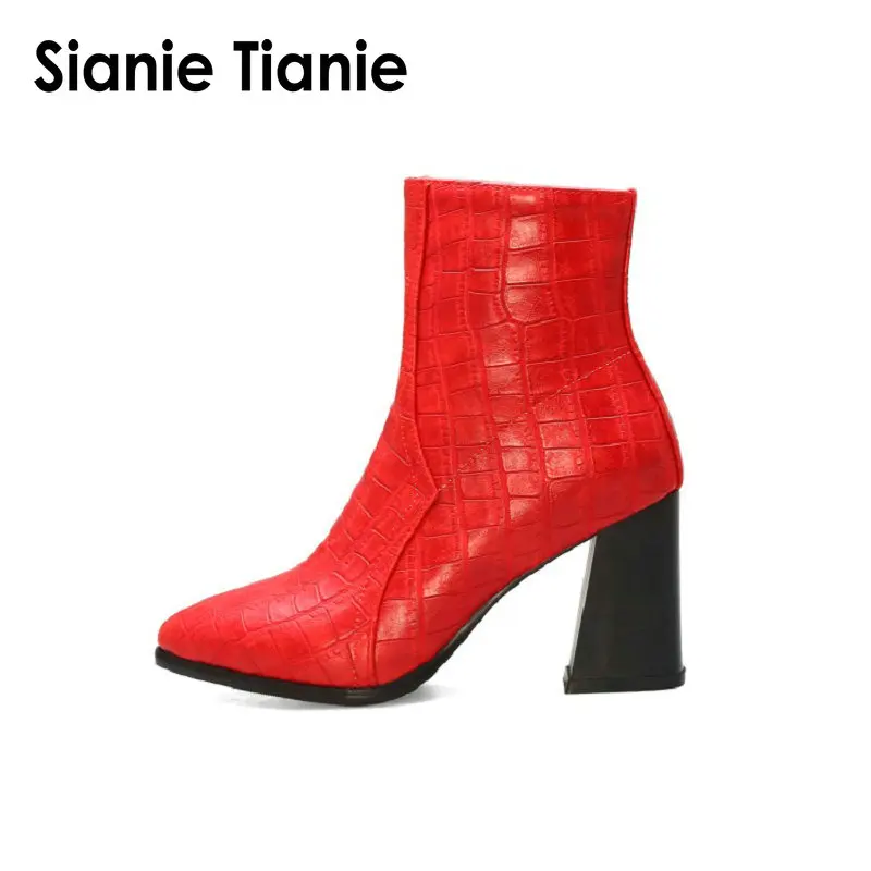 Sianie Tianie/Новинка года; сезон осень-зима; женская обувь; цвет красный, серый, белый, черный; ботинки на высоком каблуке; ботильоны с острым носком на молнии