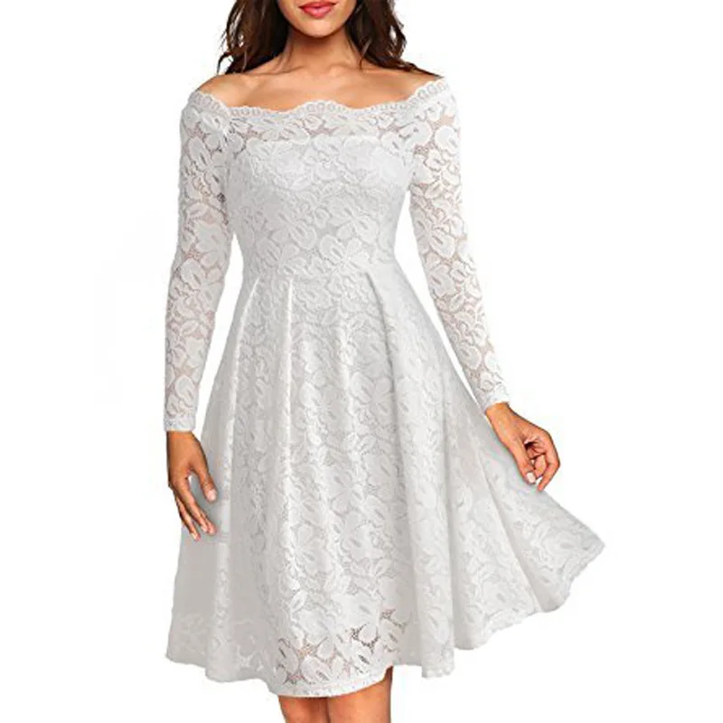 Кружевное женское платье, модное тонкое сексуальное вечернее платье средней длины, женское осенне-летнее элегантное винтажное платье, женские платья, новинка DR1324 - Цвет: white 2 long sleeve