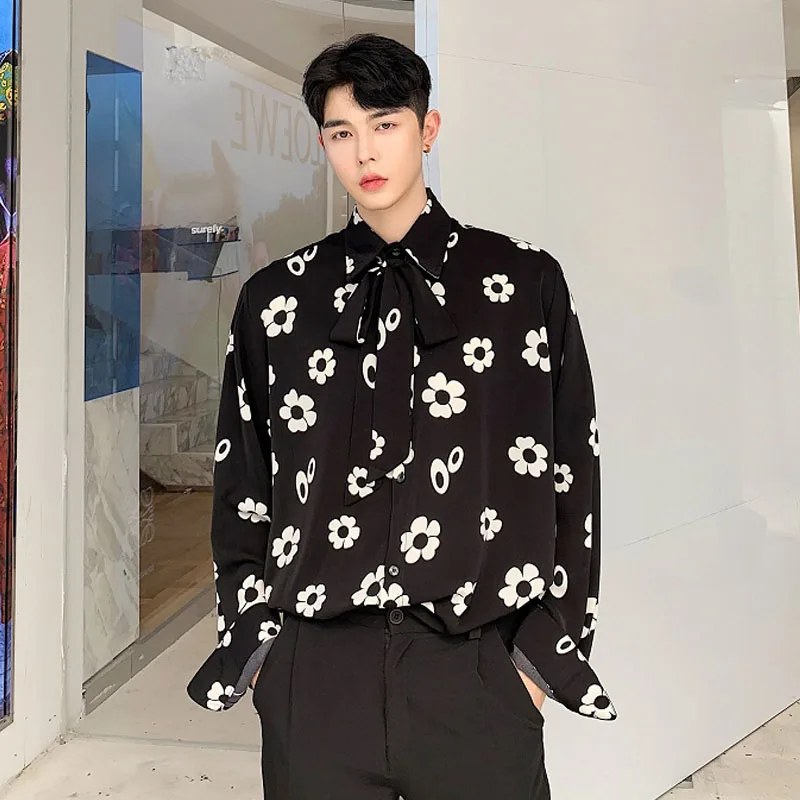 Мужские Винтажные модные рубашки с галстуком-бабочкой и длинным рукавом, свободные повседневные рубашки с цветочным принтом, мужские уличные рубашки в стиле хип-хоп, одежда для пар