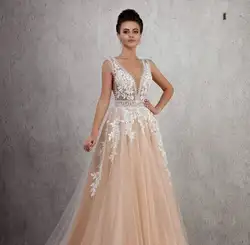 2020 свадебное платье-бохо, свадебное платье без рукавов цвета шампанского, длина до пола, Кружевная аппликация, свадебные платья