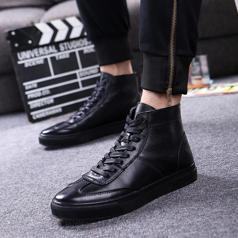 Мужские ботинки из коровьей кожи на платформе короткие шнурках черный белый