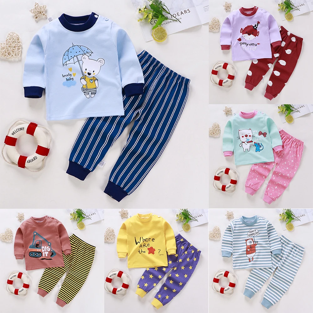 Комплекты одежды для сна для мальчиков и девочек; милые хлопковые топы и штаны; пижамы для детей из 2 предметов; детская одежда для сна; комплекты нижнего белья