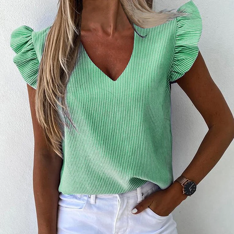 Elegant Striped Print Ruffle Blouse Shirts Office Lady 2020 Summer Short Sleeve Slim Blouses Women 3XL Casual O-neck Top | Женская