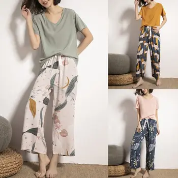 

Women 2 Piece Pajamas Set Contrast Color Short Sleeve V-Neck Pullover Tops Floral Long Pants Sleepwear Bow Loungewear
