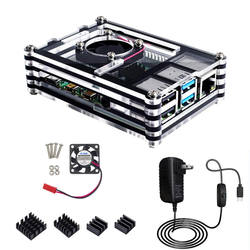 Raspberry Pi 4 Model B с 1/2/4GB Оперативная память RPI4 акриловый чехол RPI 4B 5V3A Мощность адаптер Вентилятор охлаждения Алюминий теплоотвод опционально