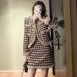 Outono inverno new2021elegant houndstooth tweed gola de pele das mulheres retalhos grosso casaco jaqueta quente + saia lápis curto 2 peça conjunto