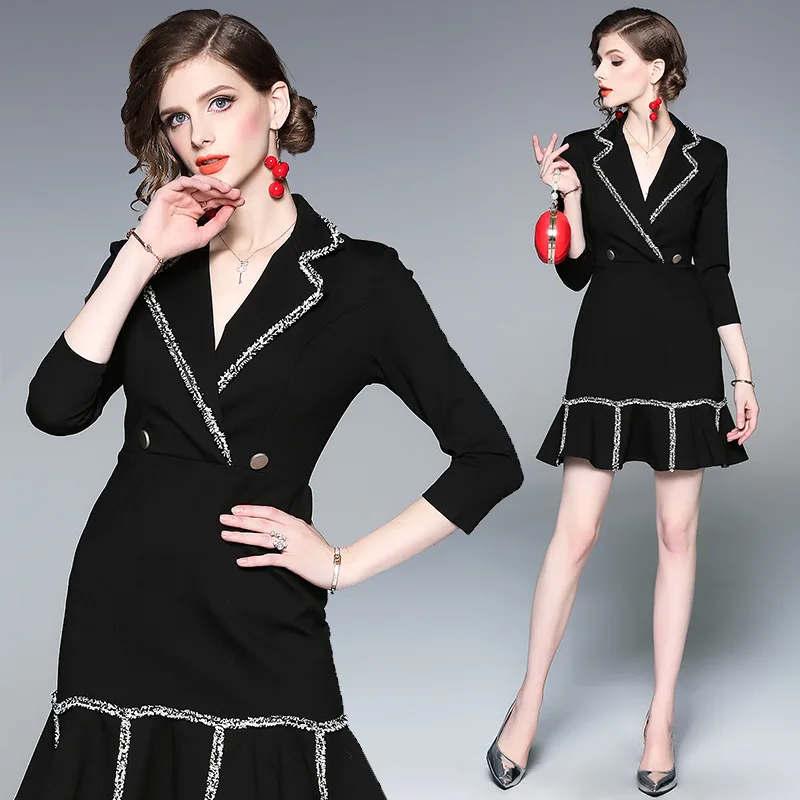 

2018 Autumn And Winter Rome Cotton Fabric Black And White with Pattern Suit Collar Elegant Debutante Graceful Dress Slim Fit Fis