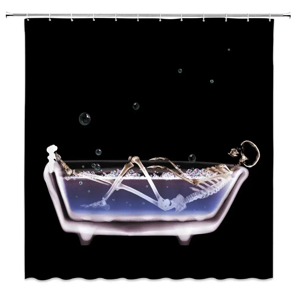 

Funny Skull Shower Curtain Abstract Dark Horror X-ray Skeleton Lying in Bathtub Decor