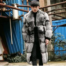 Шуба из натурального Лисьего меха для мужчин, зимняя куртка из натурального меха, настоящая Мода 110 см, длинная верхняя одежда, роскошная натуральная Шуба из серебристого лисьего меха, FM-024