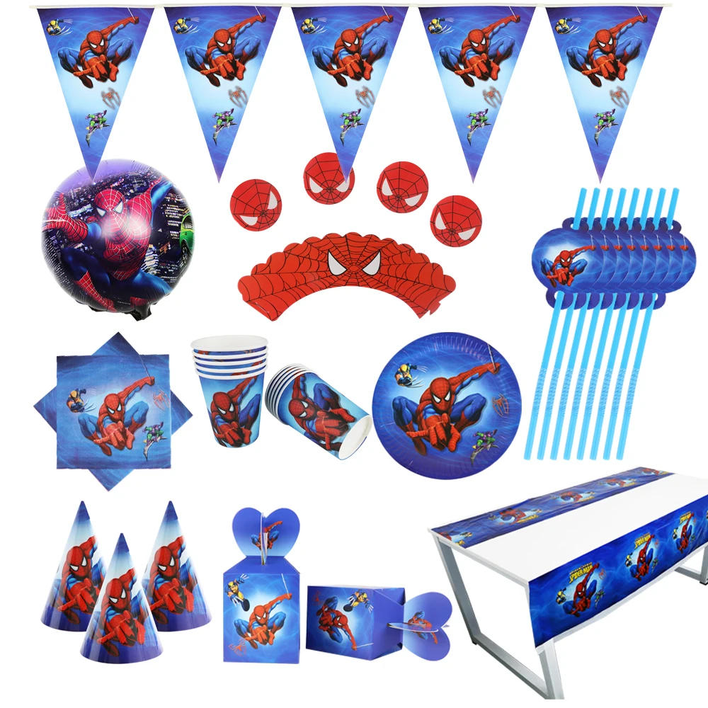 Conjunto de suministros para fiesta de Spiderman para niños, servilletas, platos, mantel, tazas, cuchillos, tenedores, cucharas, decoración de fiesta de cumpleaños