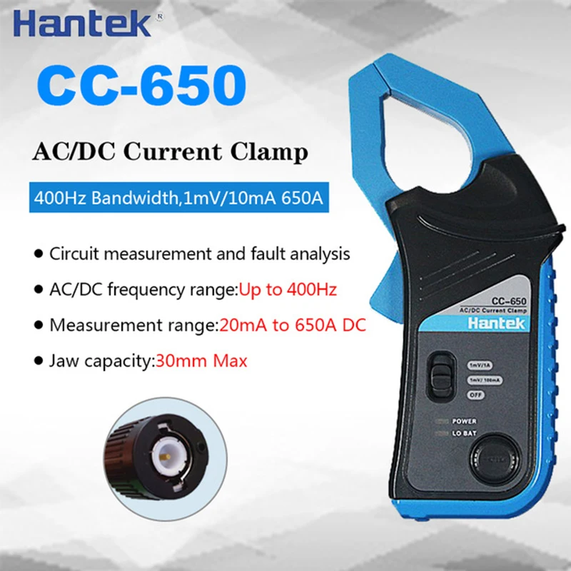 CC-650 Hantek AC/DC Current Clamp for oscilloscope 400Hz Bandwidth 1mV/10mA 650A with BNC Plug 