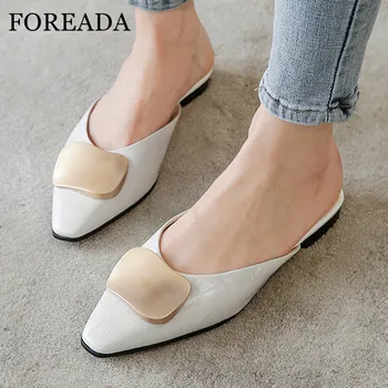 

FOREADA Flats Women Mules Shoes Natural Genuine Leather Flat Shoes Metal Decoration Square Toe Female Footwear Green White 33-40