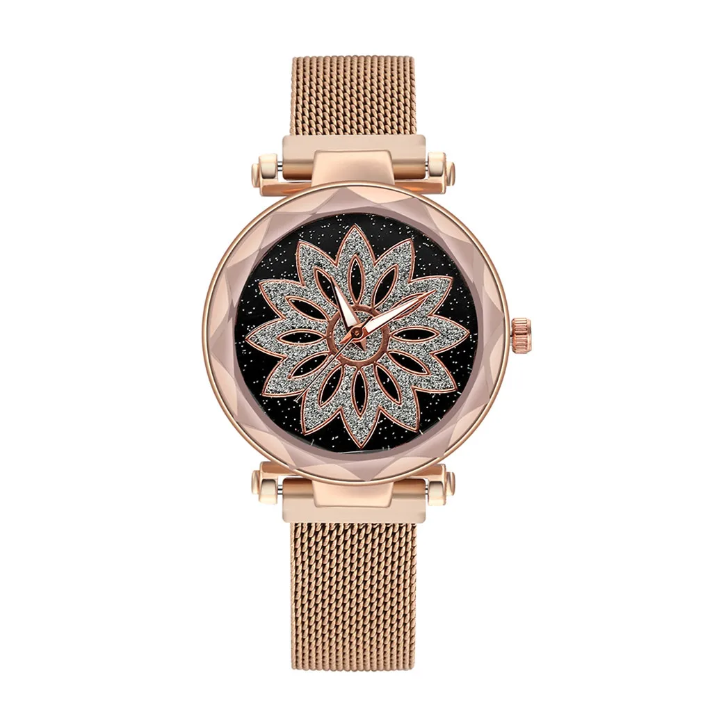 

Luxury Rose Gold Women Watches Fashion Diamond Ladies Starry Sky Lucky Flower Magnet Watch Female Wristwatch For Gift Clock 533